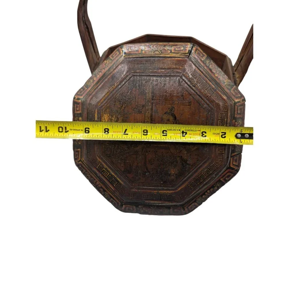 Antique Chinese Bamboo Wedding Basket Box Laquer Finsh Brass Handle